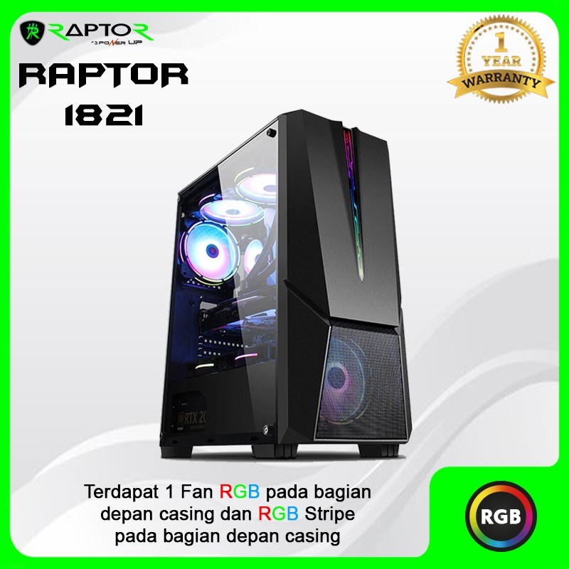 Power Up Casing Raptor 1821 Mid Tower With Led Strip 1 Fan Case RGB Tempered Glass