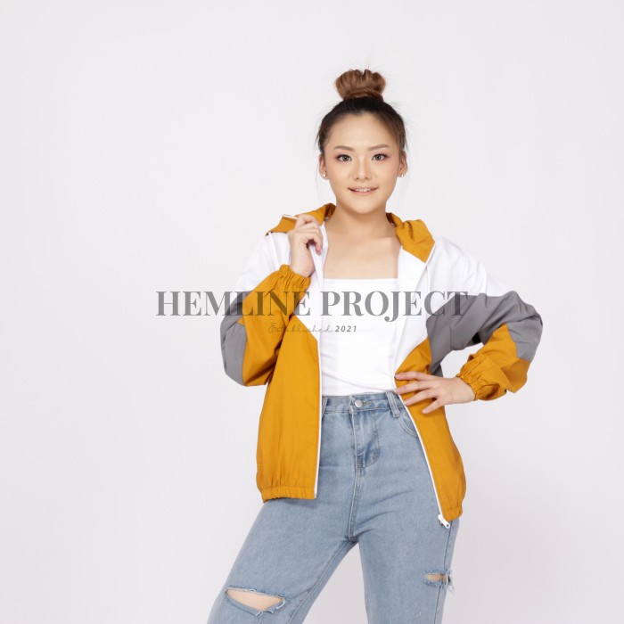Jaket Parasut Hoodie Wanita - Hemline Project - Almas - Mustard, M (Fit S-M)