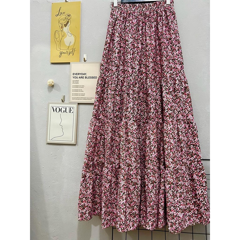 Skirt floral korean style | rok panjang wanita  beraksen 4 susun motif bunga deli | rok wanita muslim