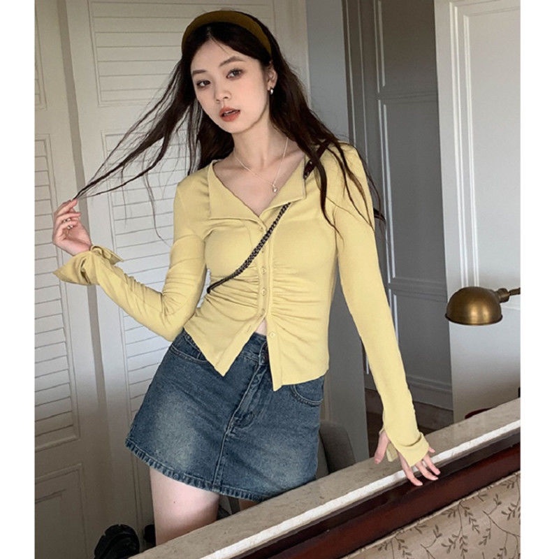 Red Spice Girl Sweetheart Stripe/Mustard Yellow V-Neck Fold Slim T-Shirt Lapel Cardigan Pendek