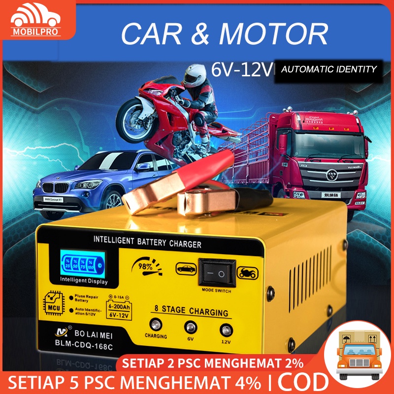 ORIGINAL BO LAI MEI Cas Cahrger Aki Mobil Dan Motor Otomatis 250W 12V/24V 200AH - Casan Aki Motor Mobil Pengisian Daya Cepat