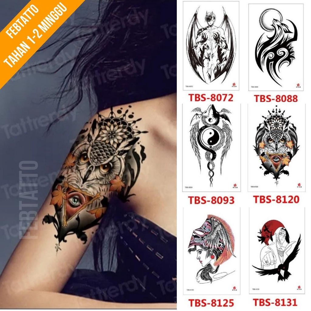 Tato Temporer Ukuran 12cmx19cm Motif Aesthetic Tatto Temporary Stiker Tato Halal Grosir Tato air motif serigala, perempuan, burung hantu, devil, yin yang TBS 8120