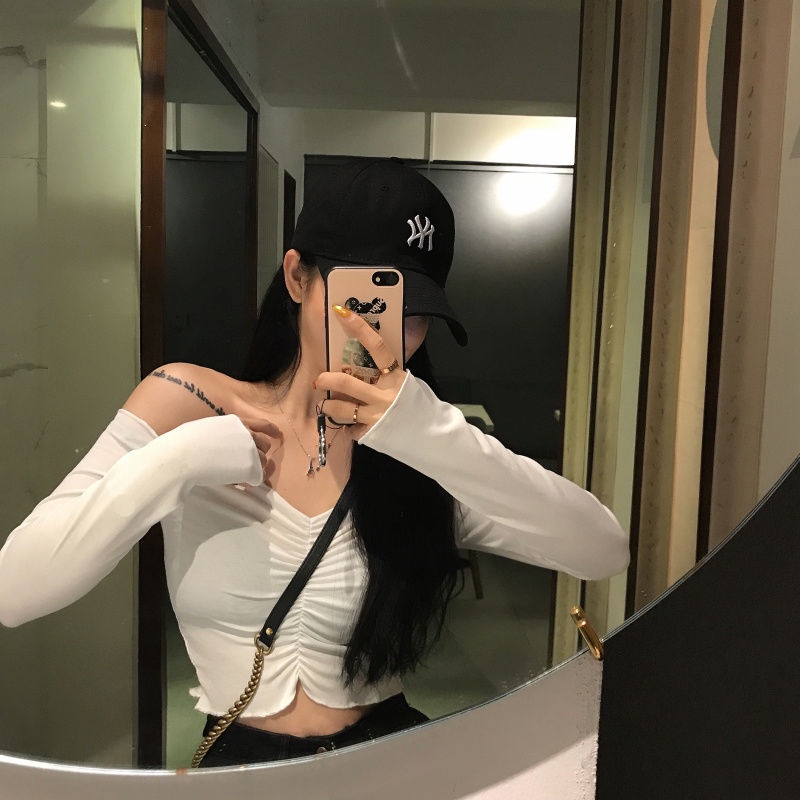 Red 2023 Baru Super Api In Jamur Sisi Kerah Off-Shoulder Pendek Lengan Panjang Top Slim Fit Tipis bocor Pusar T-shirt