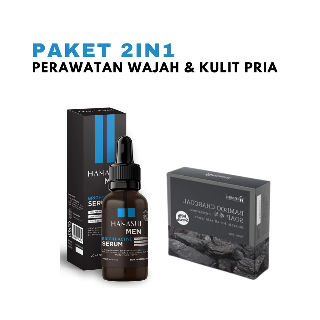 Paket Perawatan Wajah Dan Kulit Pria 3 IN 1 | Hanasui Men Bright Active Serum + Hanasui Masker Naturgo Tube + Hanasui Sabun Bamboo Charcoal