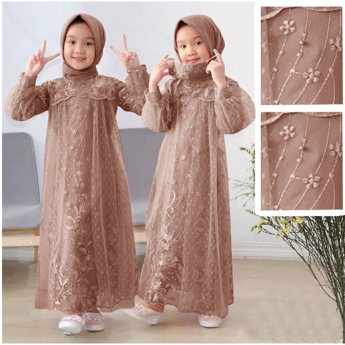 Liana Dress Baju Gamis Brokat Tile Premium Anak Perempuan Seragam Pesta Muslim Kid - Hijau Sage Lila