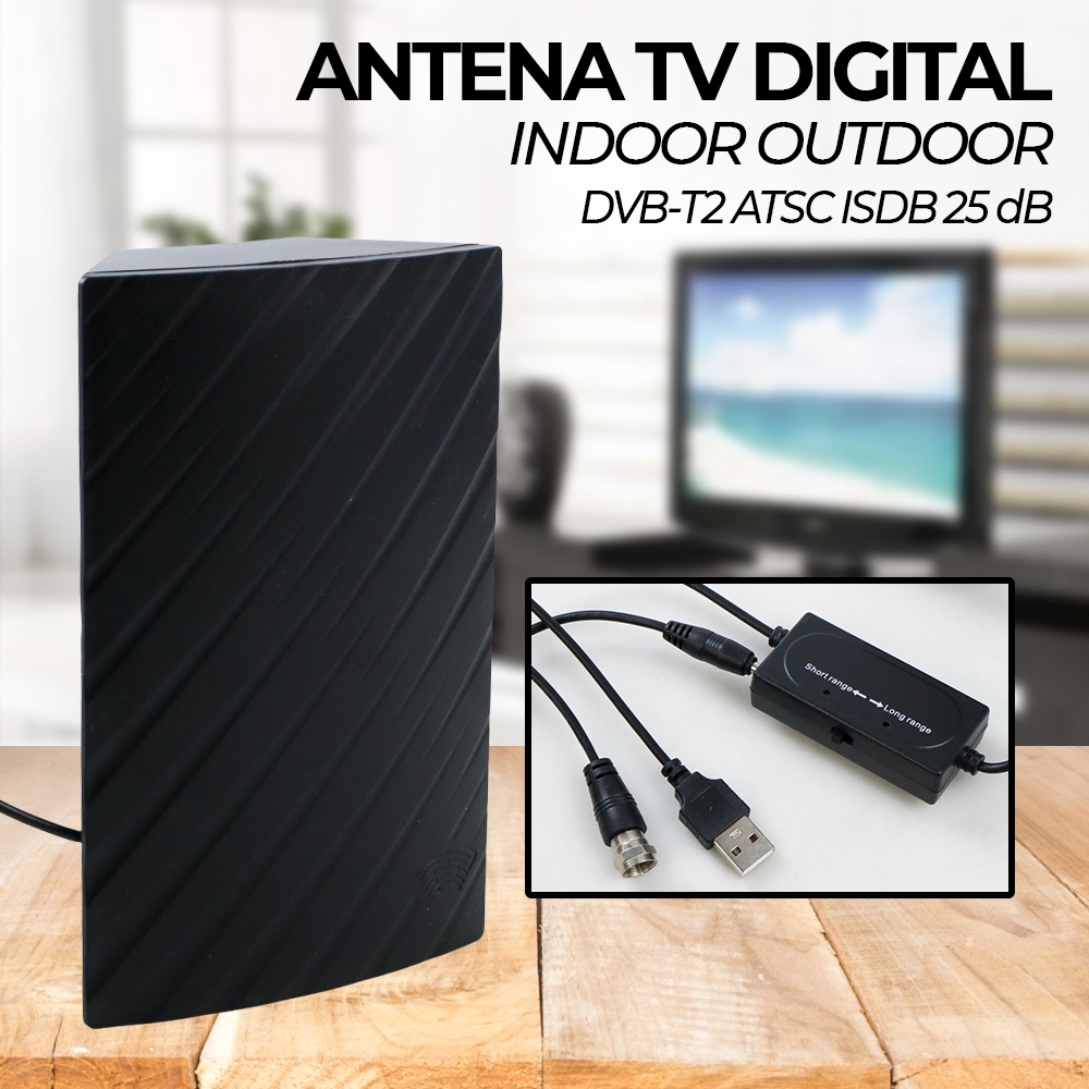 Antena TV Digital Indoor Outdoor DVB-T2 ATSC ISDB 25 dB - HD006 - Black