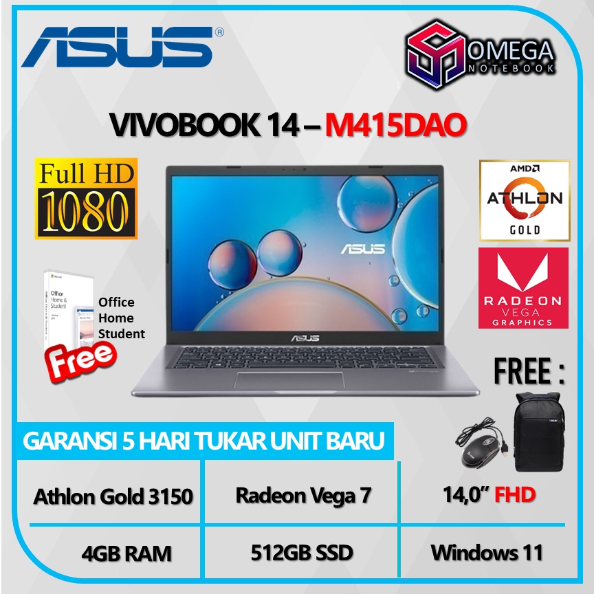 ASUS VIVOBOOK 14 M415DAO Athlon Gold 3150 4GB 512GB Vega 3 14,0 FHD Windows 11 + OHS FHD124