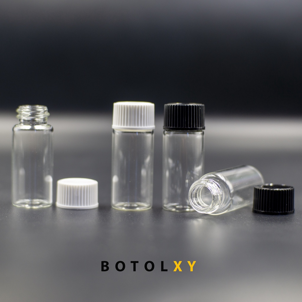 Botol 10ml Kaca Bening Tutup Ulir Drat Putar Hitam / Putih - Botol Sample Tester