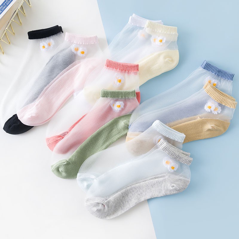 MMM Kaos Kaki Wanita Fashion Transparant Motif Bunga Daisy Kaos Kaki Wanita Motif Bunga Korea impor