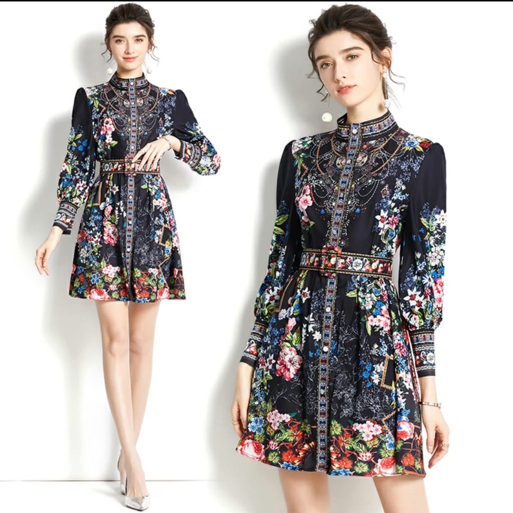 Mini dress flower lengan panjang - dress korea bunga CF50500