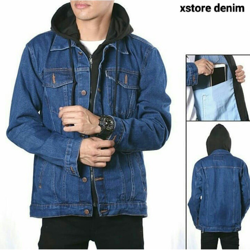 Jaket Jeans Denim Hoodie  Double Sleeting BIOWASH