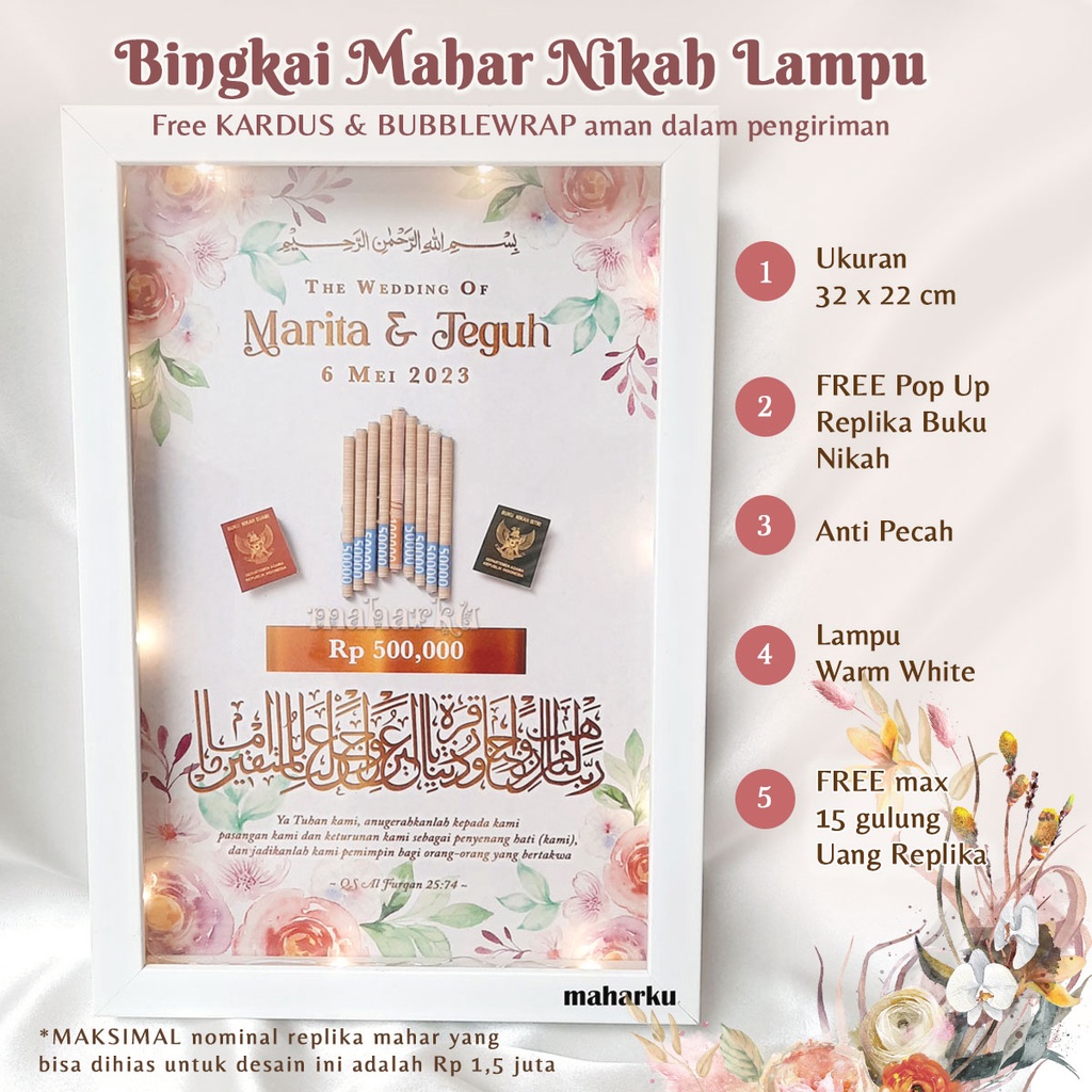 Myzonee44 - BINGKAI MAHAR NIKAH CUSTOM / FRAME MAHAR PERNIKAHAN 3D UANG MAINAN POP UP REPLIKA BUKU