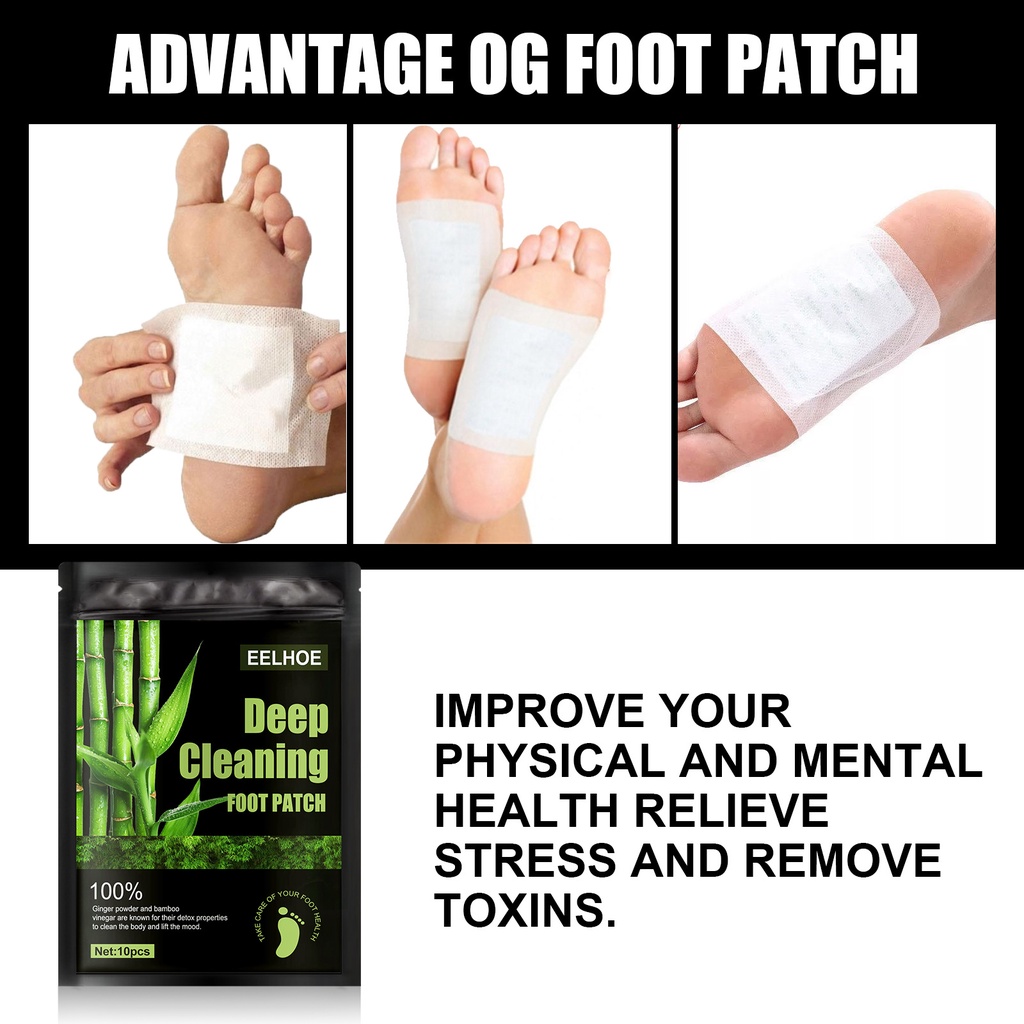 EELHOE Koyo Kaki Detox Foot Pads 10pcs Alami Bambu Foot Patch Detoksifikasi Pelangsing Dehumidification Menenangkan Tidur Koyo Kesehatan Ampuh Deep Cleaning Foot Patch