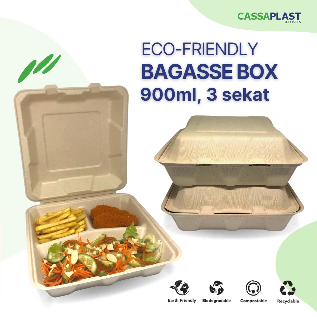 Tempat Makanan Bagasse Bento Box Lunch Box 900 ML Eco Friendly