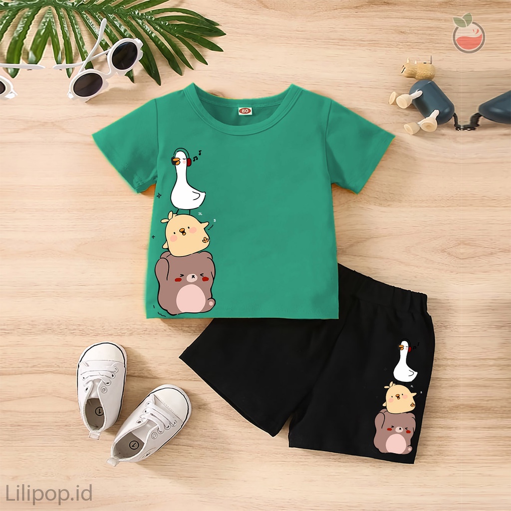 Baju Anak Stelan Kaos 3/4  BEBEK DUCK Cowok Cewek  Usia 1 - 4 Tahun Celana Pendek Harian