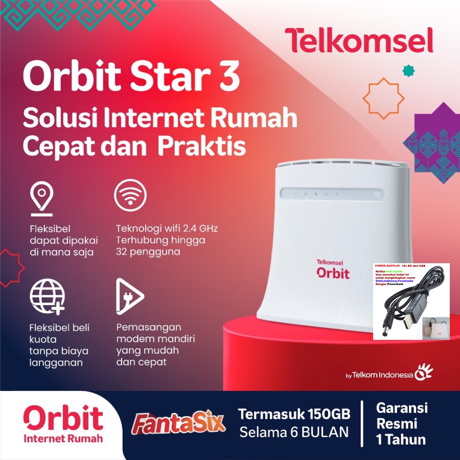 Orbit Star 3 ZTE MF283U Telkomsel Modem WiFi 4G Bonus Data 150GB(25X6)