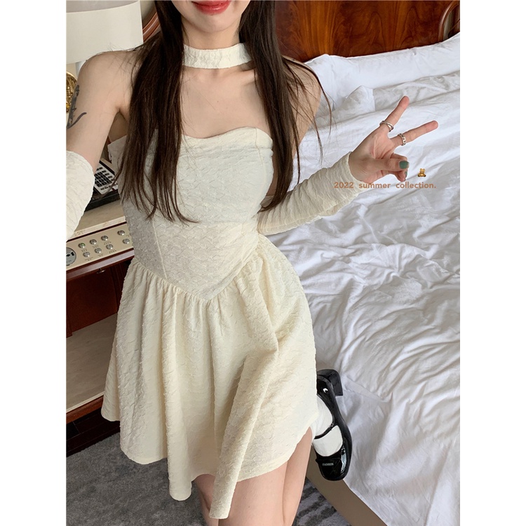 Red Keinginan Murni Angin Halter Leher Tube Top Rok Wanita Musim Panas Gadis Pinggang Lengan Lengan Gaun Seksi Slim Putih rok A-line