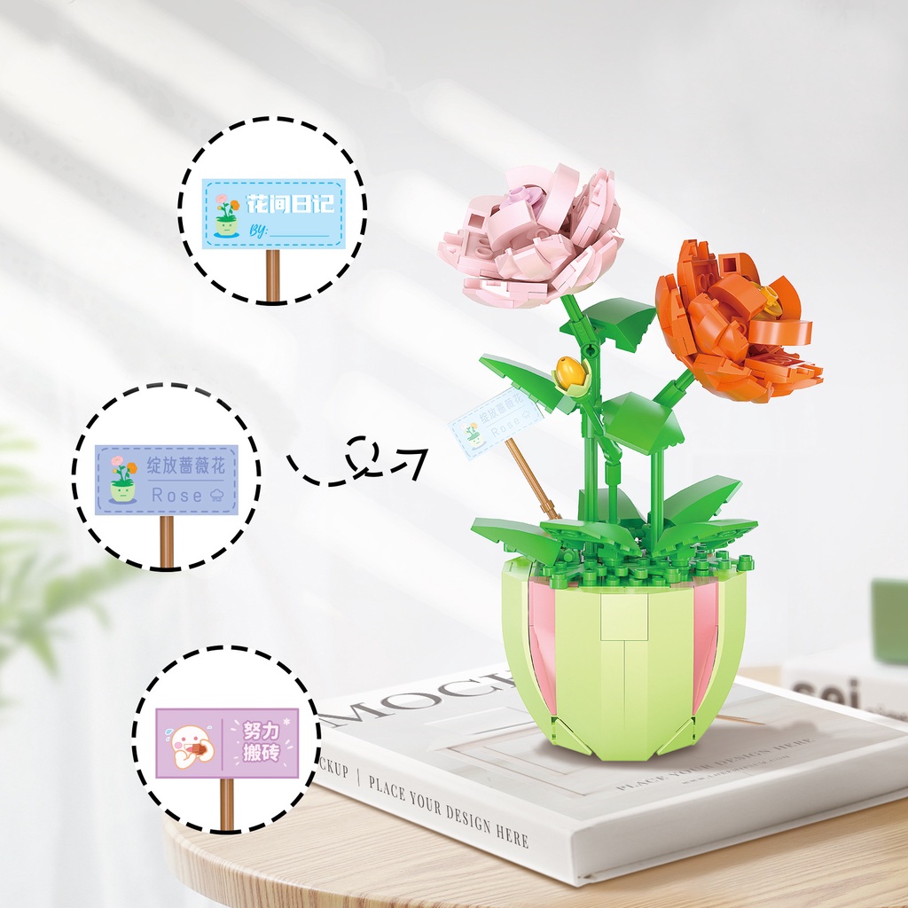 Nano Block Flowers Melati Pot Bunga Model DIY Mainan Balok Buket Mainan Pendidikan