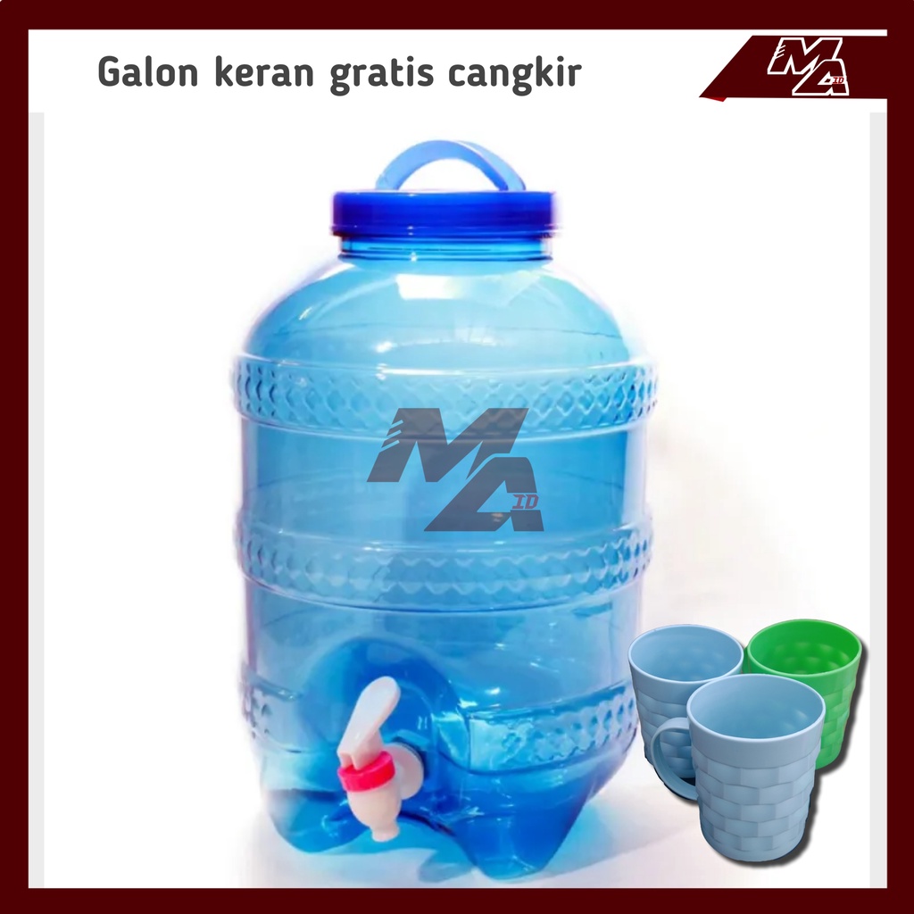 Galon keran botol/wadah air minum isi ulang 8/12 Liter Gratis 3 Pcs cangkir