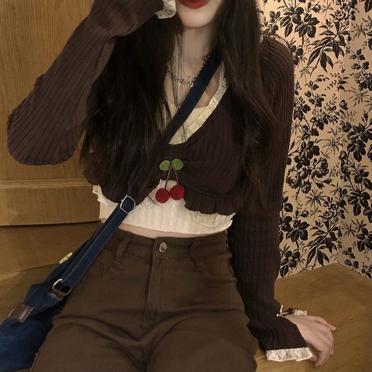 Red Musim Gugur Jepang Lembut Gadis Lucu Keinginan Murni Angin Renda Renda Rajutan Cardigan Top Jaket Siswa All-Match Dua Potong set