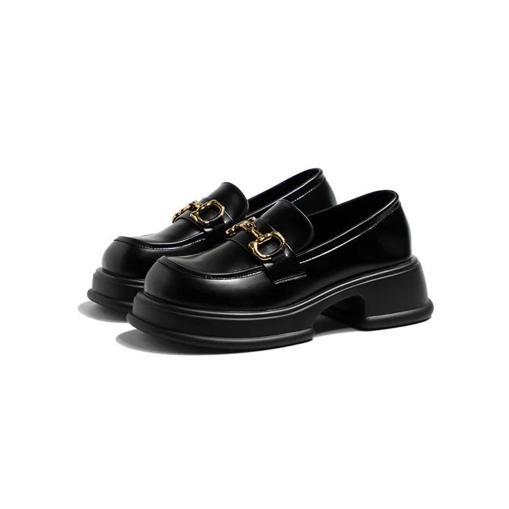 Sepatu Wanita Docmart Kulit Import Premium Loafers Kasual Pu Sol 4.5 cm Hitam Glossy Doff ST036