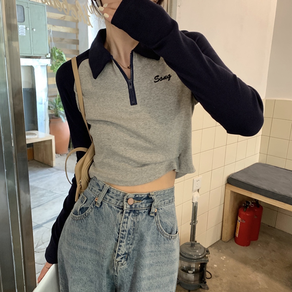 Red Gaya Amerika Warna Kontras Polo Kerah Slim Fit Lengan Panjang T-shirt Wanita Musim Semi Kemeja Hot Girl pendek Top Pasang