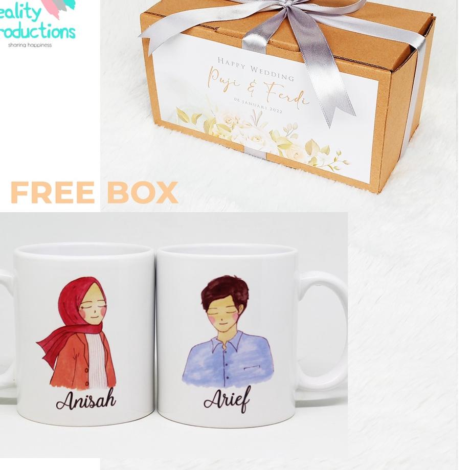 ♝ Mug Couple Doodle Pengantin Hijab Cantik untuk Kado Pernikahan ❂
