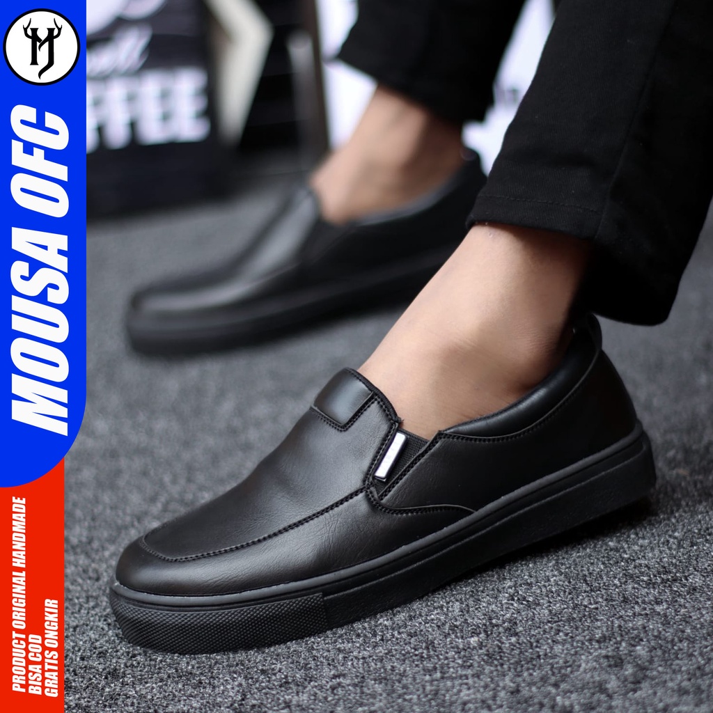 Sepatu Pria Slip On Formal Hitam Kulit Pu Slop Casual Kasual Cowok / Cowo Kerja Kantor Mousa Albd