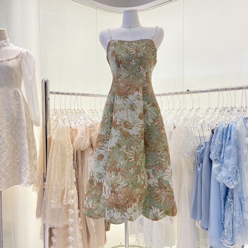 Red Vintage suspender rok wanita Prancis ceruk retro pengadilan gaya gaun jacquard pinggang mid-length