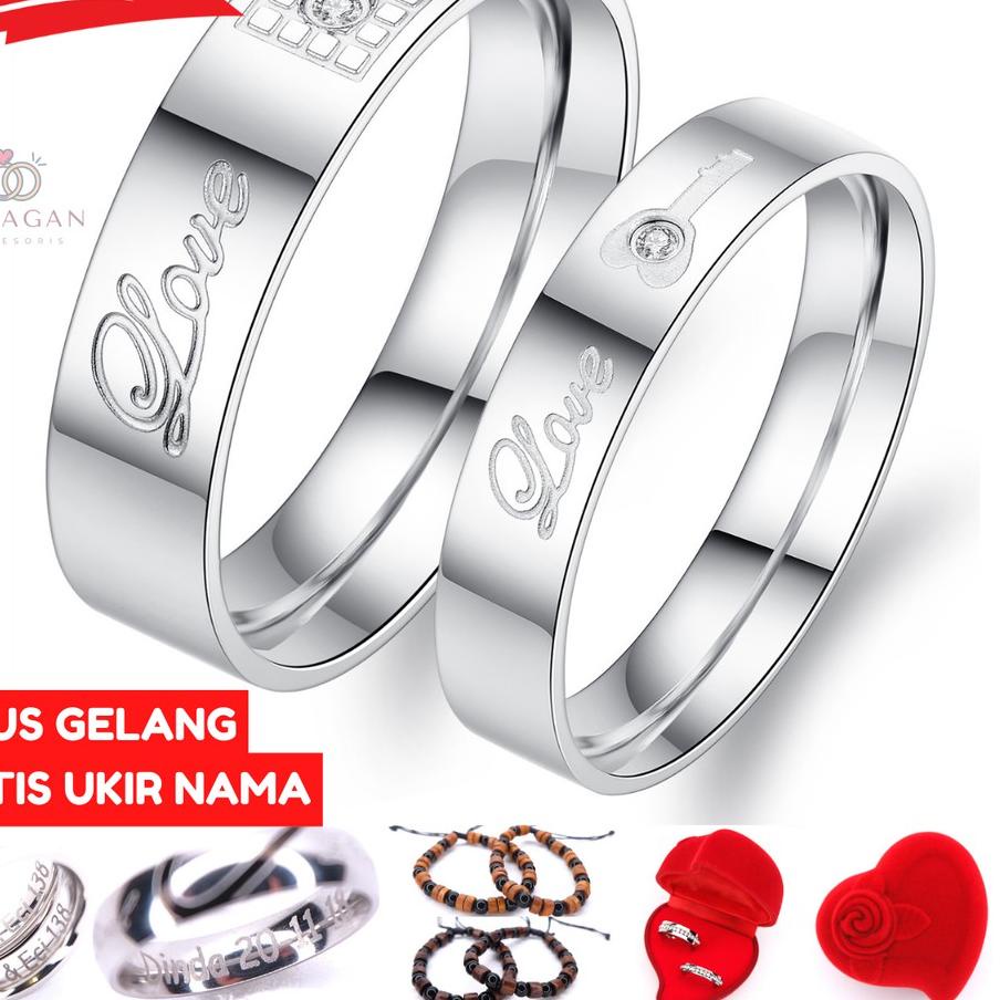 Termurah [AILOVIU] Cincin Couple Romantis R23 Titanium Ukir Nama Gembok Kunci Silver Emas Putih Unik