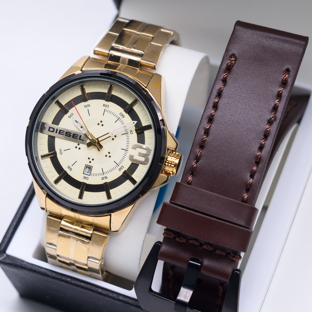 COD Jam Tangan Pria Diesel Rantai Sport Free Tali Kulit Cadangan Tanggal Aktif