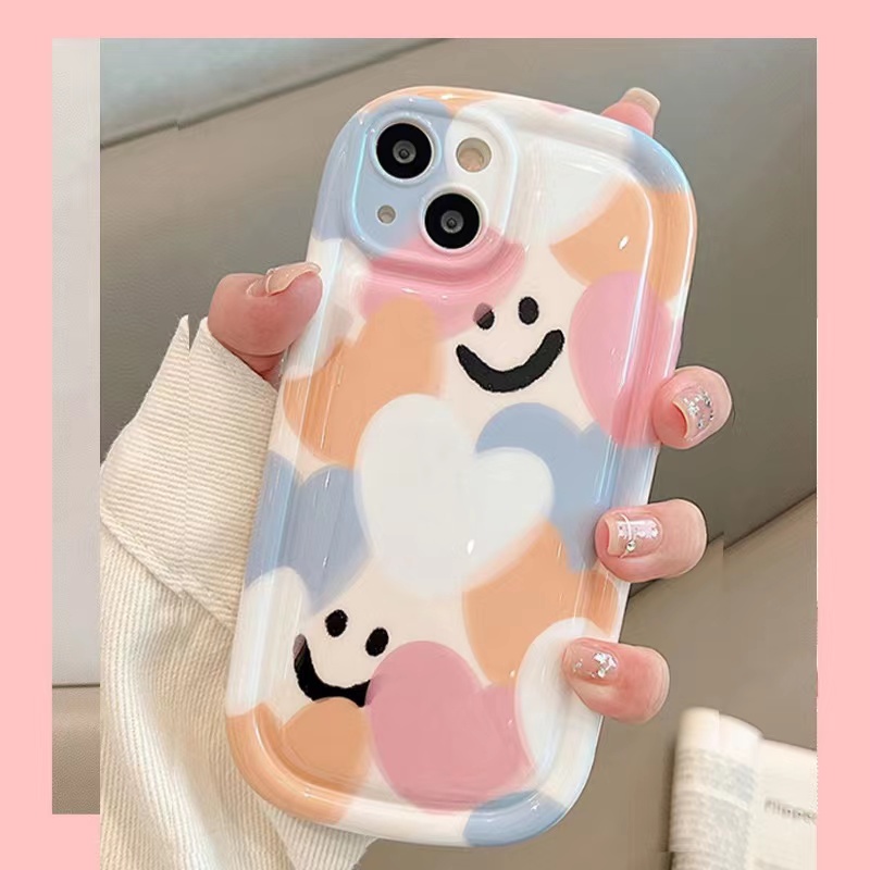 IPHONE Kartun Smiley Case Kompatibel Untuk Iphone11 14 13 12 Pro MAX 6 6S 7 8 Plus XR X XS MAX Warna-Warni Cinta Hati Pelindung Kamera Lembut TPU Silicon Shockproof Airbag Penutup Belakang