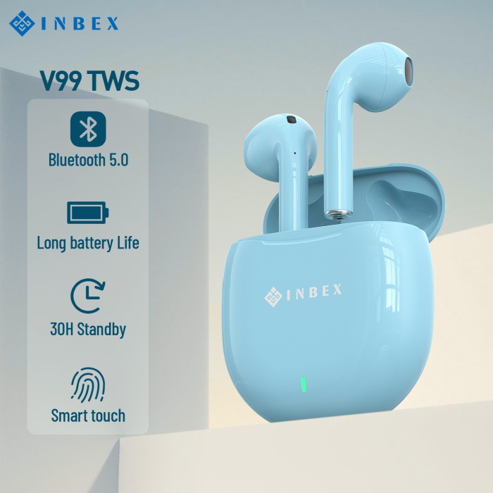 Headset Bluetooth INBEX TWS V99 Bluetooth 5.0 Wireless HiFi Stereo Biru Muda Bluetooth Berkualitas T