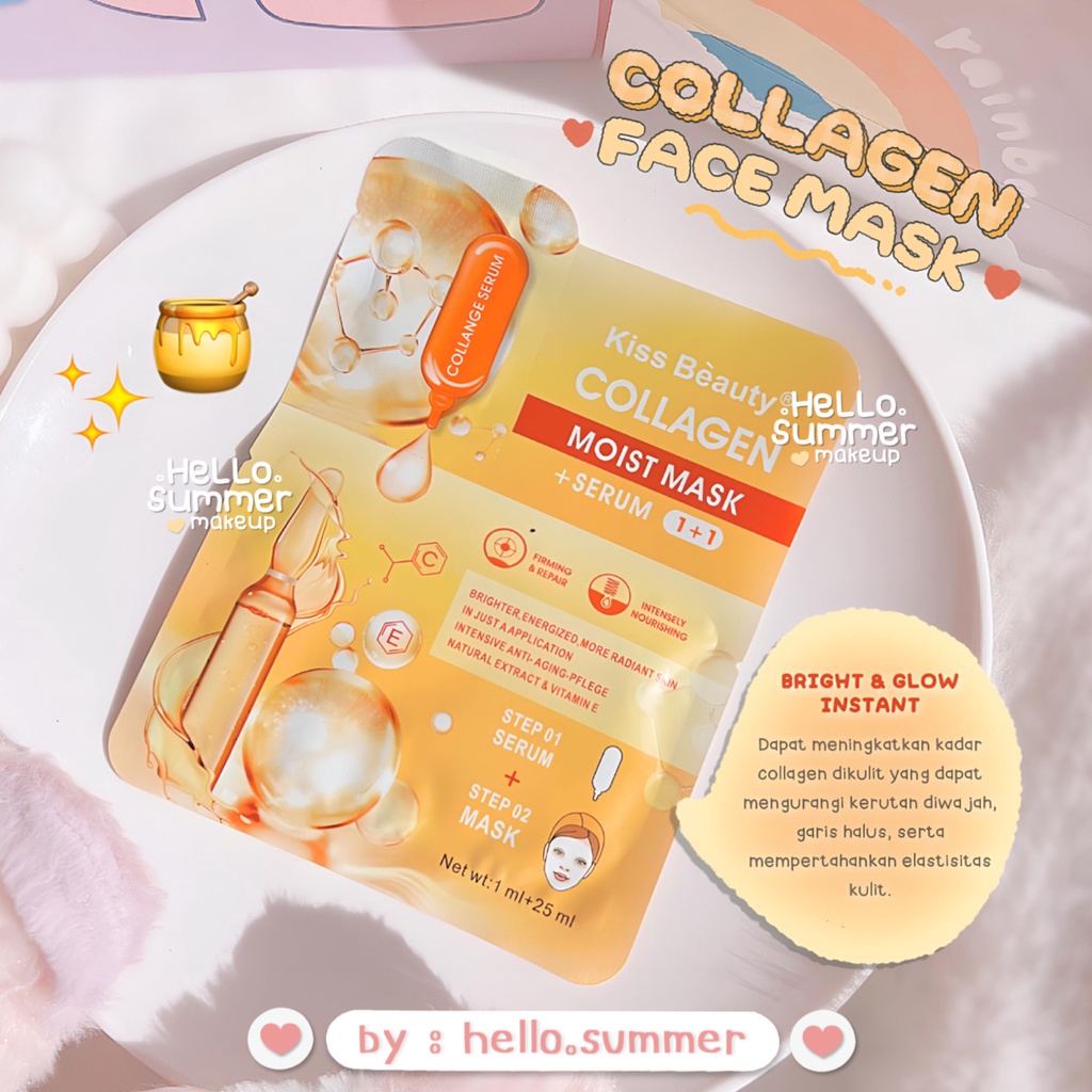 KISS BEAUTY-Collagen Peach Aloevera Sheet Mask Masker Wajah + Serum Bright &amp; Glow Instant Kiss Beauty