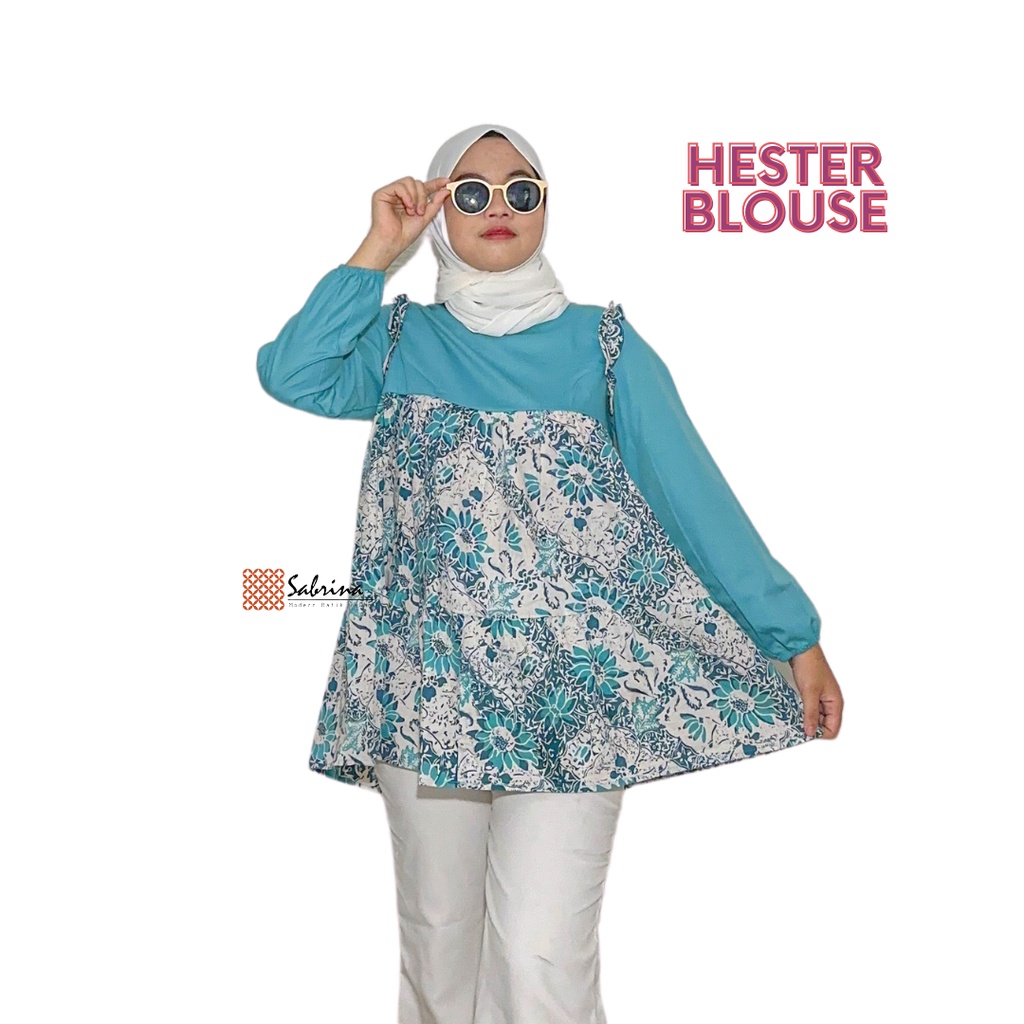 Hester Blouse Atasan Batik Kerja Kantor Wanita Cantik Katun Cap Kekinian Modis Elegan