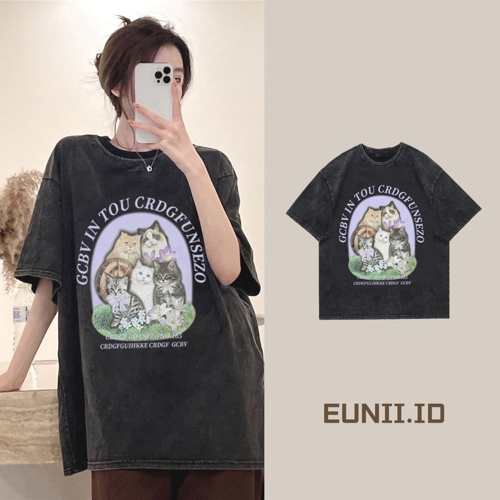 EUNII T-shirt Lengan Pendek Black Washed Retro Cartoon Cats Printing Korean Style/Kaos Atasan Wanita/Baju Wanita