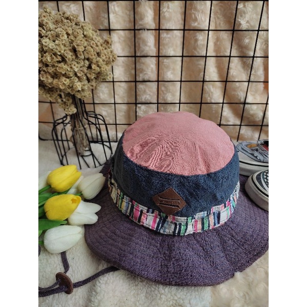 preloved topi rimba bucket hat buket outdor pink denim combinasi cewek