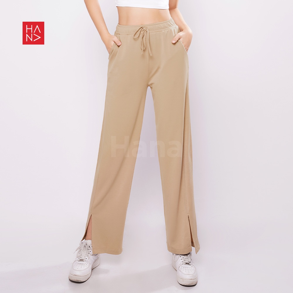 HanaFashion JKT - Davina Ribbon Slit Loose Pants Celana Panjang Bahan Kaos Wanita - LP138