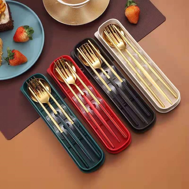 GP Set Alat Makan Korea 4in1 Stainless Steel Tebal / Sendok Korea Set Gold / Sendok Garpu Sumpit Makan Korea