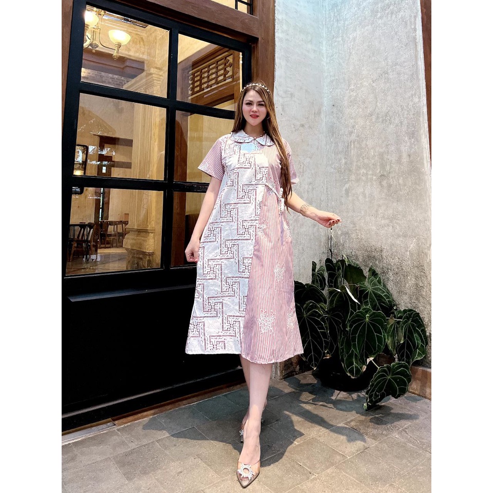 Daster Lengan Pendek Casual MIdi Fendiii Dress Midi Busui Resleting Depan