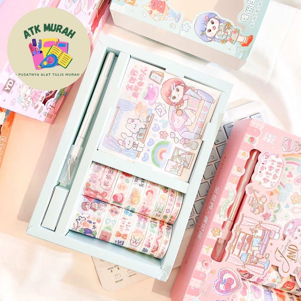 

Paket Stickers dengan washi tape selotip gambar dan pisau YD-SZKD pemotong stiker kado unik waran pastel isi 14 roll buah peach tosca pink biru