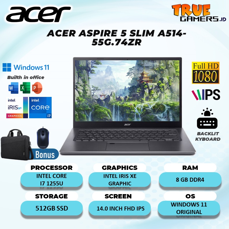 LAPTOPACER ASPIRE 5 SLIM A514 I7 1255U 8GB 512SSD IRISXE W11+OHS 14.0FHD IPS THUNDERB BLIT FP 1/3/0+ADP