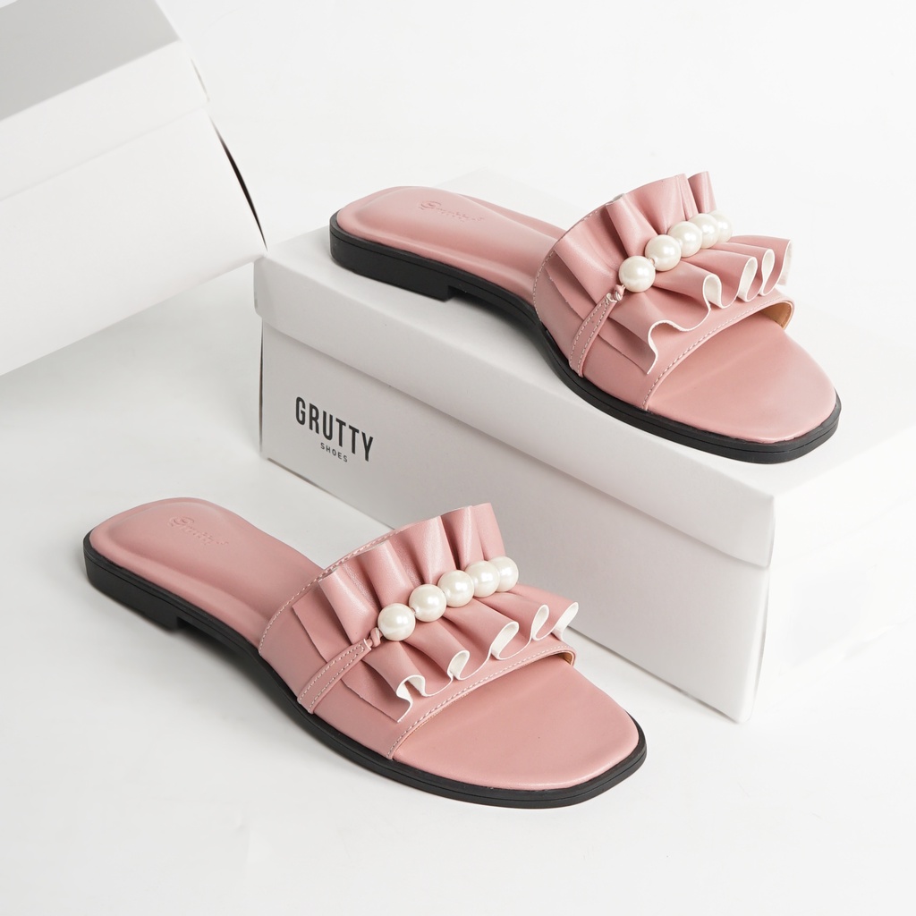 GRUTTY Puffy Flat Sandal Wanita Mutiara Hitam Salem Tan Sendal Kekinian Super Comfy