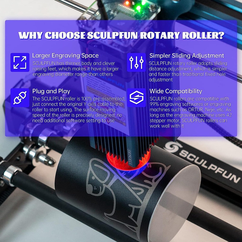 Sumbu ukiran putar SCULPFUN dapat diputar 360° dan cocok untuk berbagai macam objek dengan diameter dari 6mm - 150 mm, plug and play.
