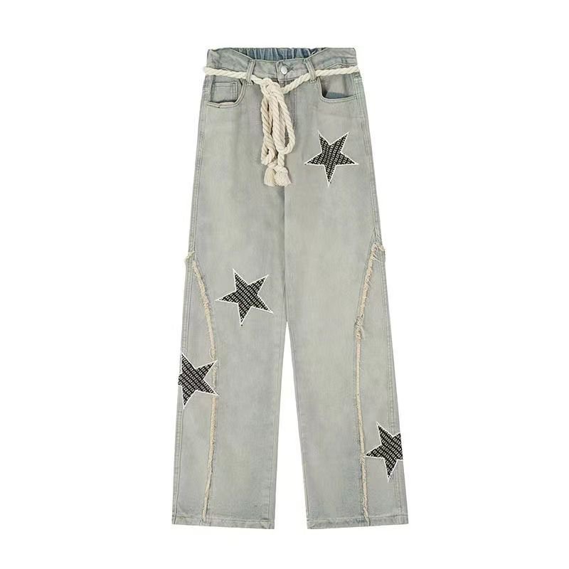 [✅BISA COD] #Sisjuly# Celana jins lurus bersulam bintang vintage Amerika wanita dengan pinggang ting