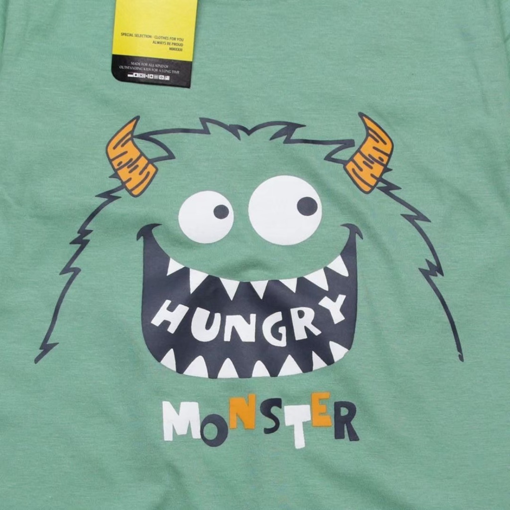 Kaos Anak distro laki laki S,M,L,XL cotton combed Motif HUGNRY MONSTER HIJAUMINT BANDUNG RGKIDS