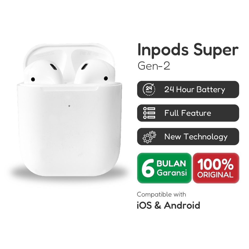 Inpods Super Gen 2 TWS Headset Bluetooth Earphone Earbuds Handsfree Hedset With Wireless Charging Case Final Upgrade