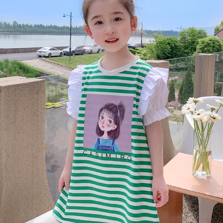 Anak Perempuan Gaun Musim Panas 2023 Anak Baru Gaya Asing Lengan Pendek Bergaris T-shirt Fashion Ana