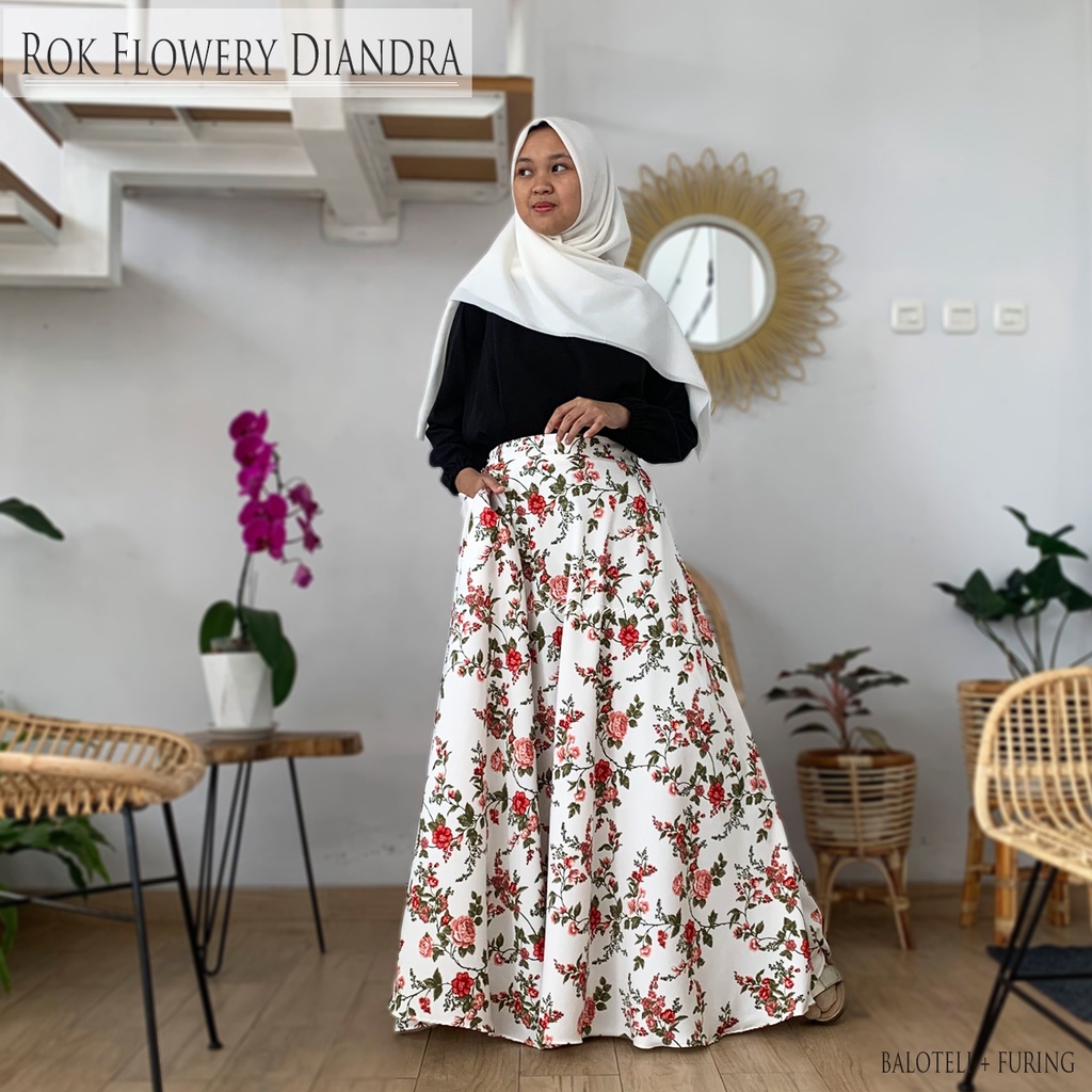 Rok Panjang Wanita  Payung Muslimah Motif Bunga Flowery Diandra Umbrella Skirt Rok Maxi Rok Flare