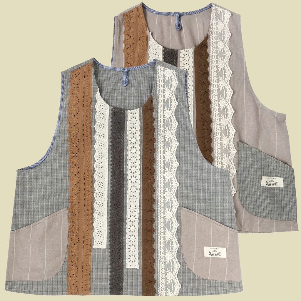 VEST ROMPI OUTER CROP LINEN ABU KOTAK COKLAT GARIS RENDA LACE STRIPS IMPORT